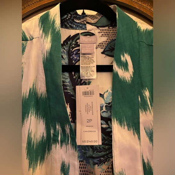 CHICO'S TROPIC EMERALD IKAT FLORAL PRINT REVERSIBLE DUSTER KIMONO TOP - Picture 4 of 7